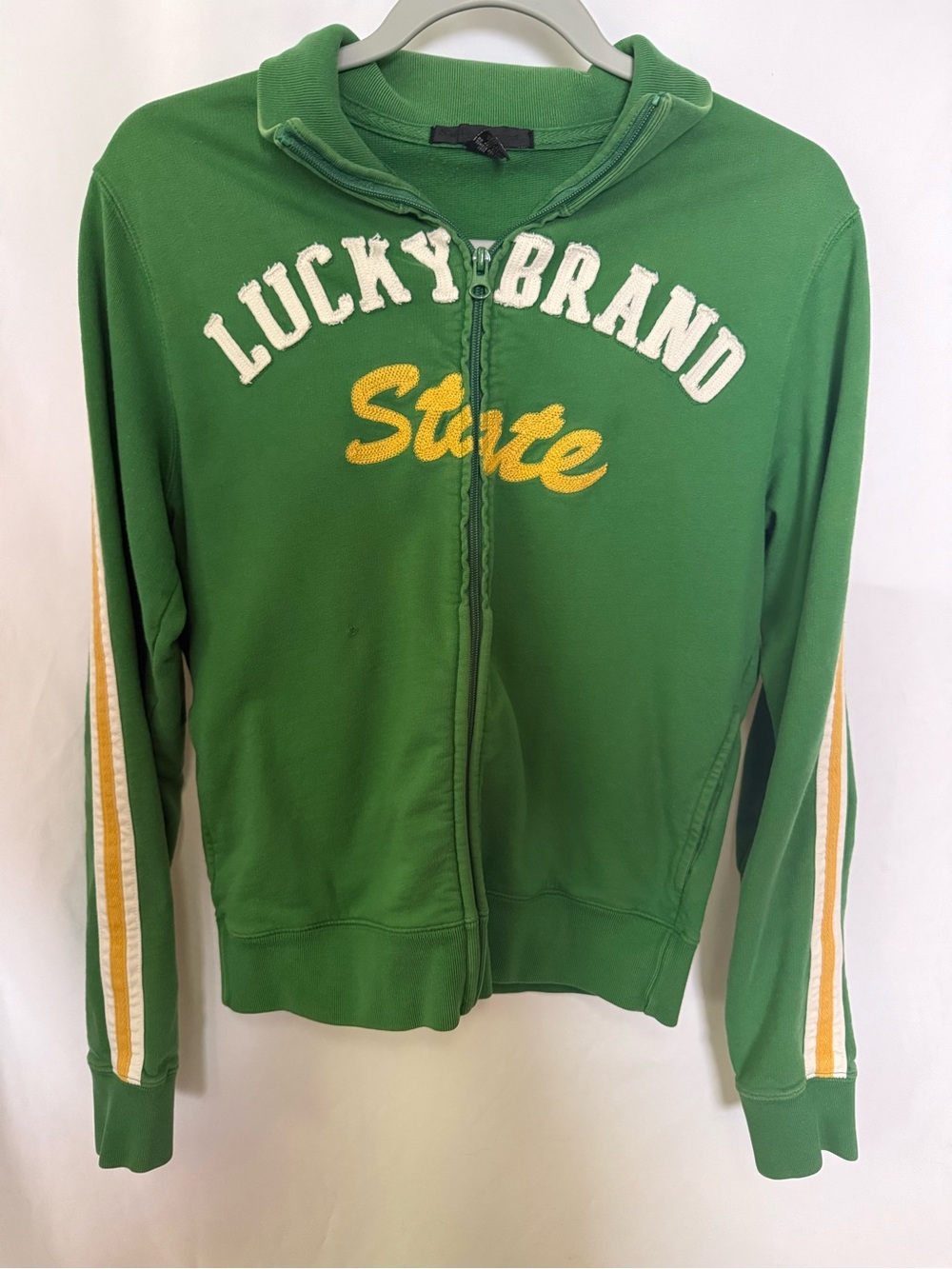 Women’s Vintage Lucky Brand “State” Track Jacket Green Zip-Up w/ Yellow Detail L